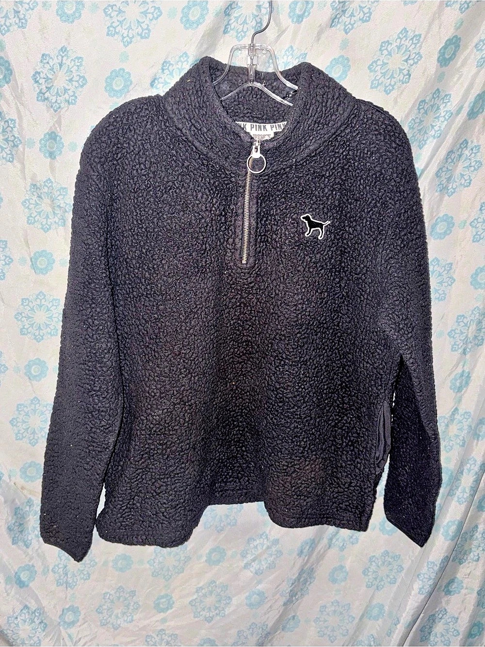 PINK Black Half-Zip Teddy Jacket size medium